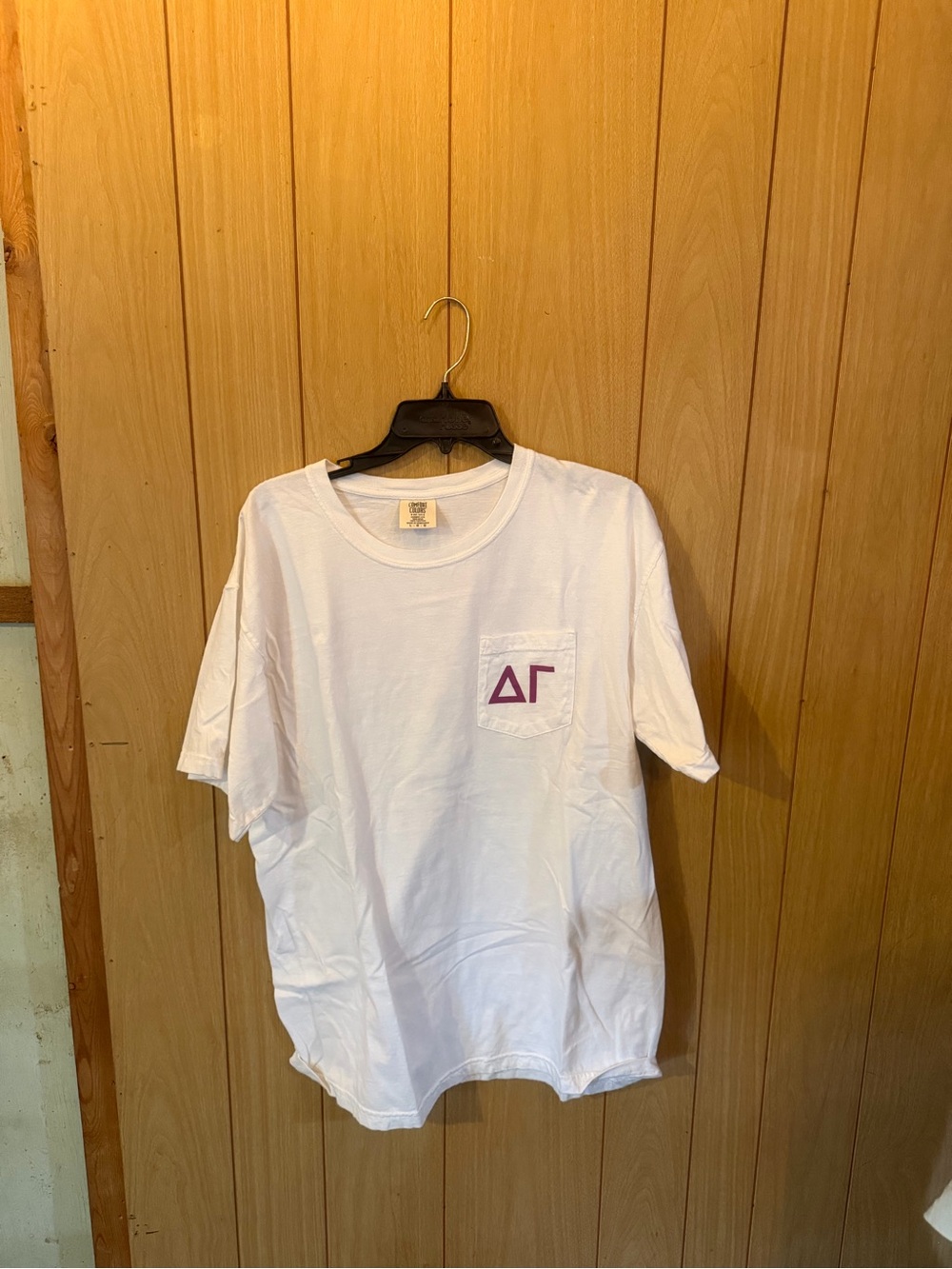 White Pocket Tee with Purple Delta Gamma Logo